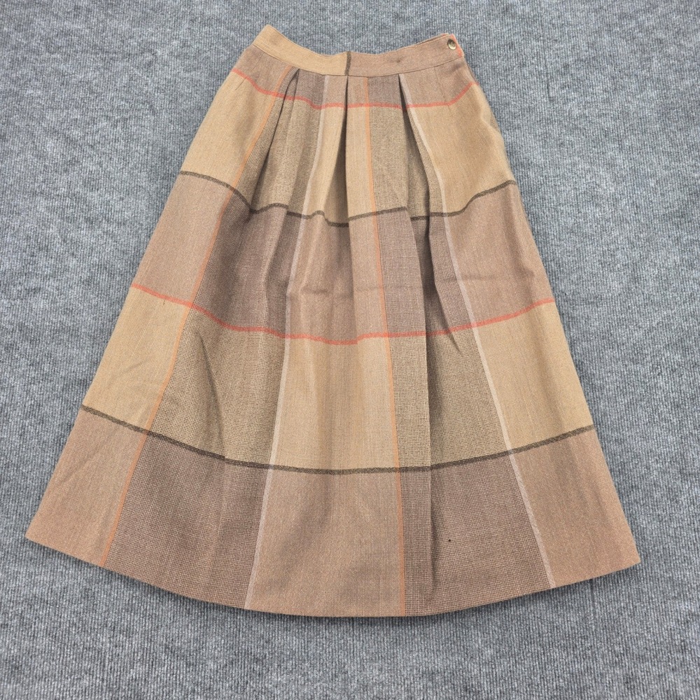 Vintage John Meyer Brown Plaid Pure Wool Pleated Midi Skirt Size 10 26 Waist